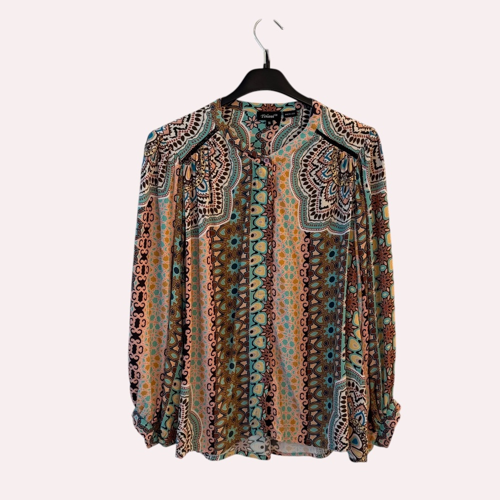 Tolani Shine Top Boho Print 100% Viscose Blouse Balloon Sleeve Size M